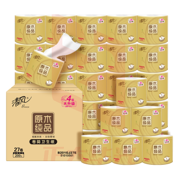 清风有芯卷纸原木金装4层加厚200克*27卷卫生纸箱装