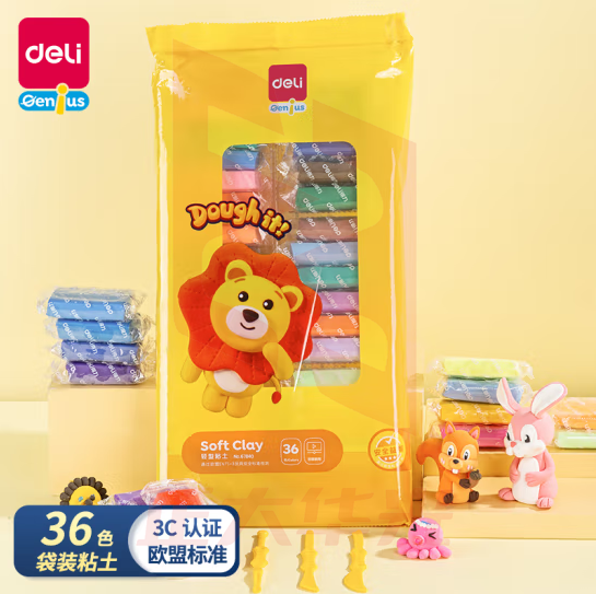 得力（deli）36色超轻粘土儿童柔软易可塑拉伸安全黏土橡皮泥套装 67840