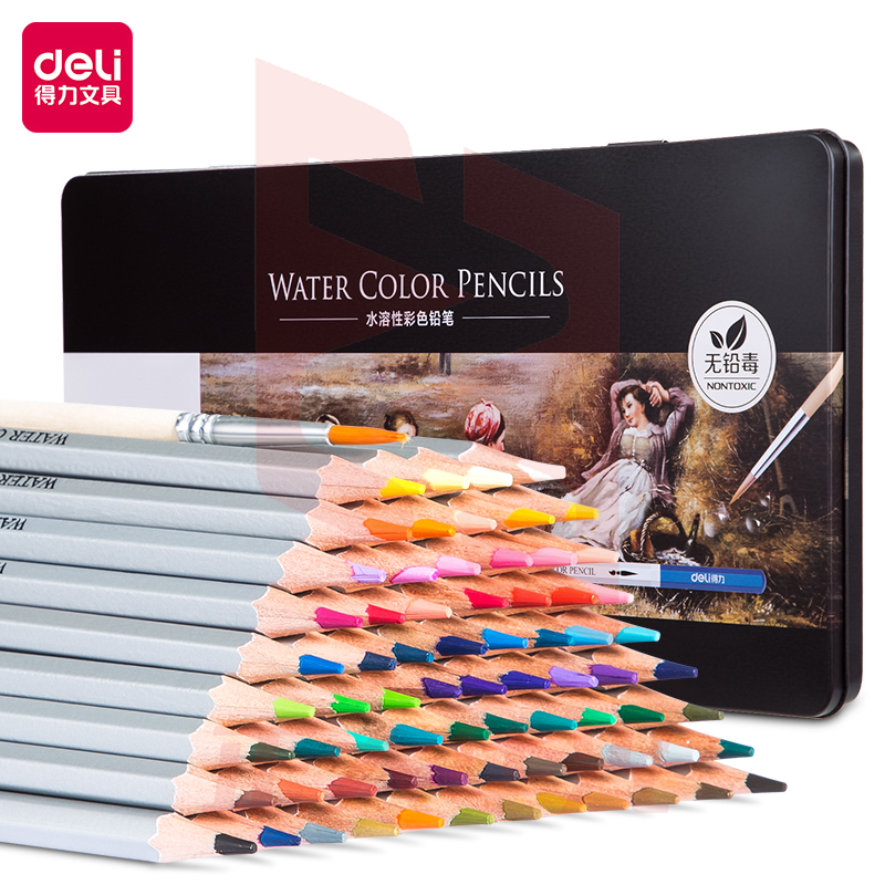 得力(deli)大师彩铅72色铁盒 水溶性彩色铅笔 学生美术生专业手绘涂色绘画笔套装（附毛笔）72色 6524
