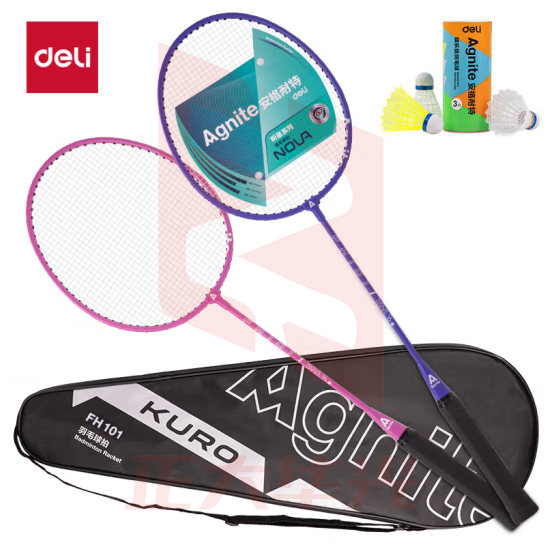 得力（deli）羽毛球拍对拍套装含羽毛球经典入门训练羽拍双拍 紫/粉 FH101