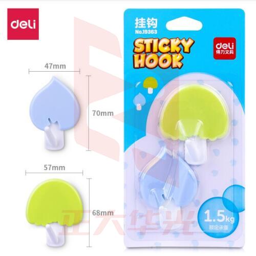 得力（deli）挂钩强力粘胶墙壁挂物无痕厨房浴室门后衣帽钩墙上免打孔粘钩 2只装/1卡 19363蓝绿