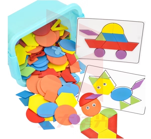 六鑫木质几何图形片儿童智力拼图学具教具正方形平行四边形梯形圆形三角形六边形半圆形扇形椭圆菱形180片 几何拼图180片