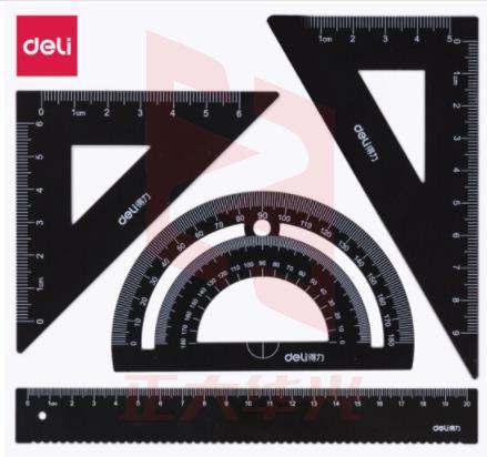 得力(deli)金属学生考试绘图套尺 20cm波浪边直尺/三角尺/量角器 文具套装 黑色 79522