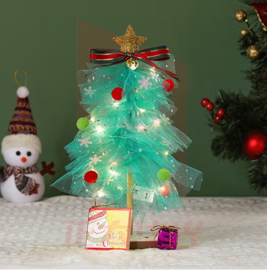 欧妮姿 圣诞节装饰手工网纱圣诞树儿童制作材料包桌面摆件圣诞绿DIY树