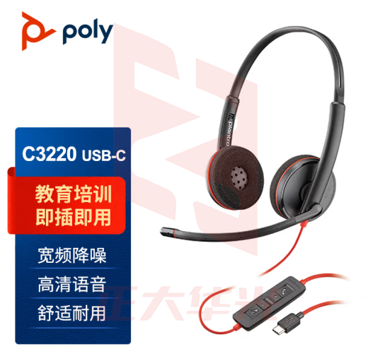 博诣 POLY 缤特力C3220头戴式电脑耳机 办公会议耳麦 客服话务耳机 降噪麦克风USB直连电脑（TYPE-C接口  下单请备注）