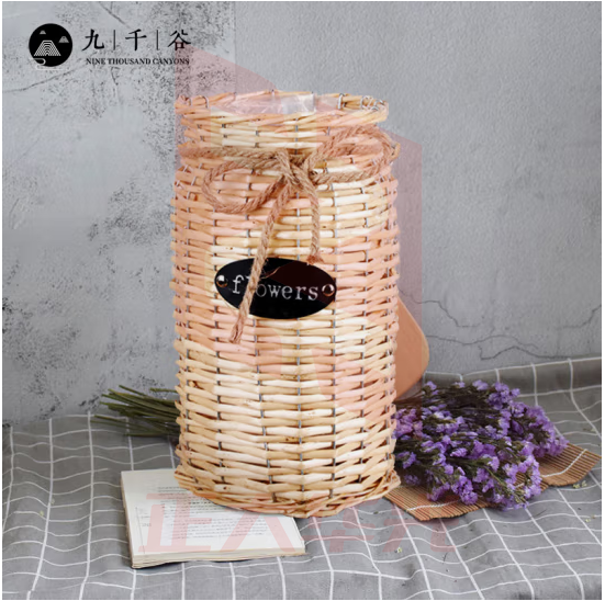 九千谷9042 柳编花瓶 花盆米黄色 创意款柳编花盆手工编织花篮家居装饰插干花满天星假花仿真花花篮16*30cm