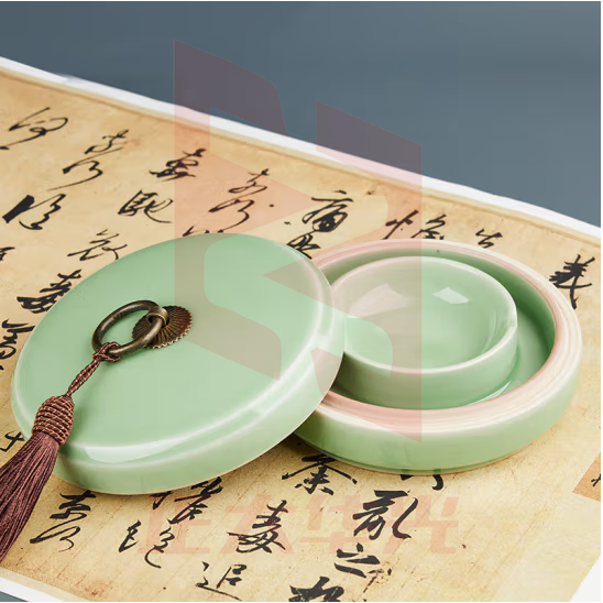 御宝阁 天然原石料火锅砚台素砚毛笔练字书法专用带盖墨碟墨池墨盒墨水墨条墨块文房四宝工具用品 4寸陶瓷火锅砚台：弟梅