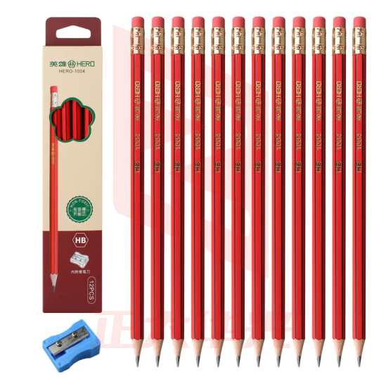 英雄（HERO）铅笔 软化木六角杆大红抽黑色六线皮头削尖学生考试素描绘图铅笔12支装 1004-HB