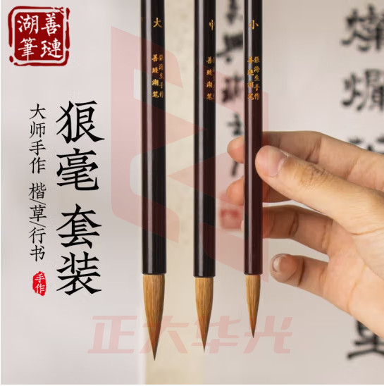 善琏湖笔 狼毫毛笔套装专业书法 大中小楷毛笔高档精品 文房四宝 温故大中小号狼毫毛笔三支套装