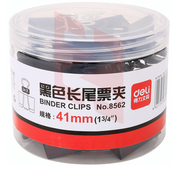 得力 8562-2#黑色长尾票夹41mm(筒装)(黑)(24只/筒)  XTGM202301291403180