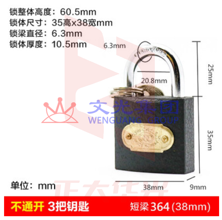 三环 铁挂锁 (铜芯) 38mm  364  6把/盒 单位；把 XTGM202303231422360