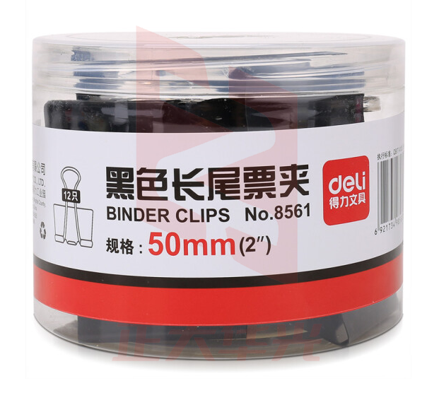 得力8561-1#黑色长尾票夹50mm(筒装)(黑)(12只/筒)  XTGM202301291348290