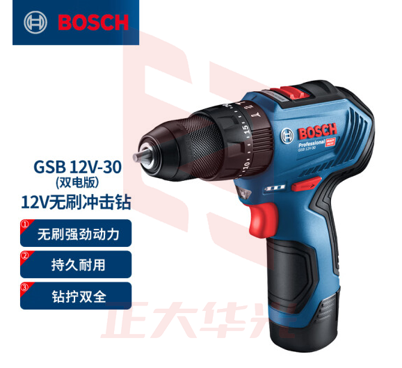 博世(BOSCH)GSB 12V-30 12V锂电充电式无刷马达冲击钻 双电版  (XTGM2023072416101011)